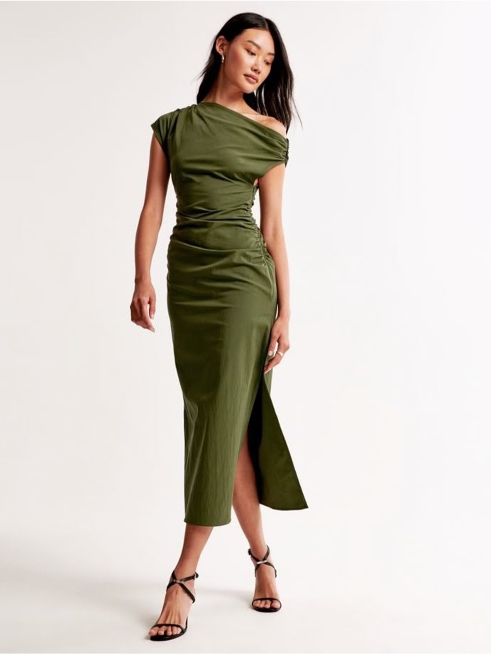 Abercrombie & Fitch Olive One-Shoulder Draped Dress